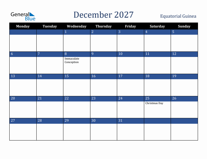 December 2027 Equatorial Guinea Calendar (Monday Start)