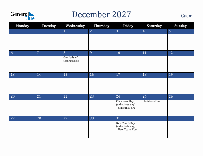 December 2027 Guam Calendar (Monday Start)