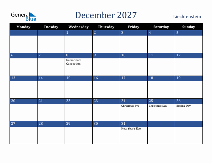 December 2027 Liechtenstein Calendar (Monday Start)