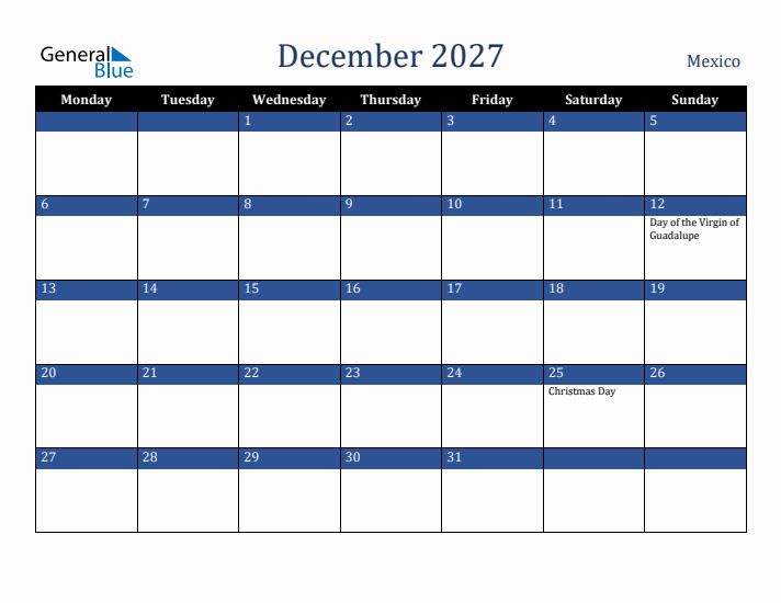 December 2027 Mexico Calendar (Monday Start)