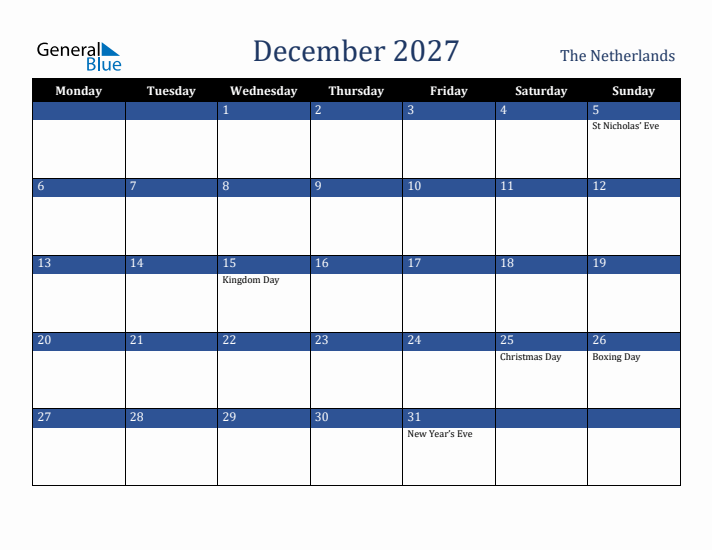 December 2027 The Netherlands Calendar (Monday Start)