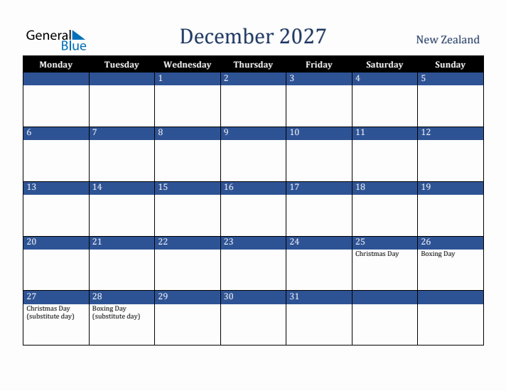 December 2027 New Zealand Calendar (Monday Start)