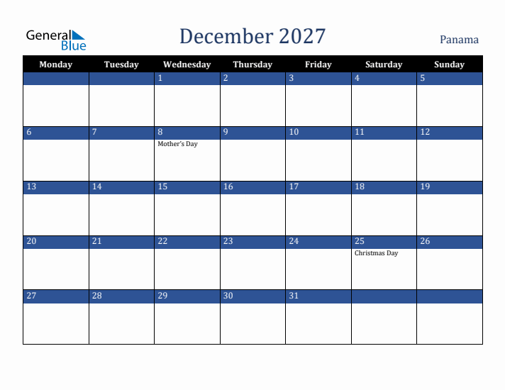 December 2027 Panama Calendar (Monday Start)