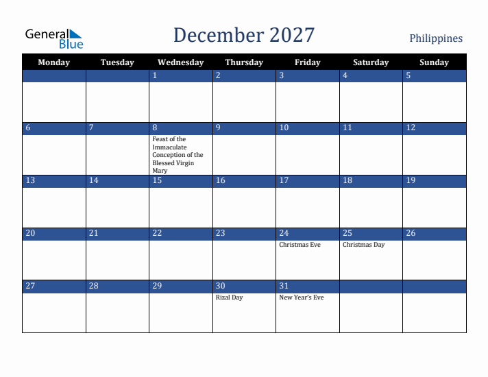 December 2027 Philippines Calendar (Monday Start)