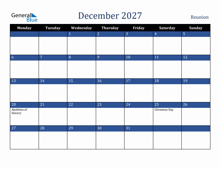December 2027 Reunion Calendar (Monday Start)