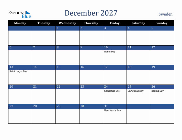 December 2027 Sweden Calendar (Monday Start)