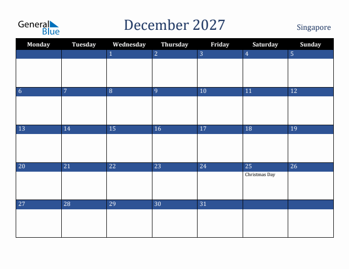December 2027 Singapore Calendar (Monday Start)