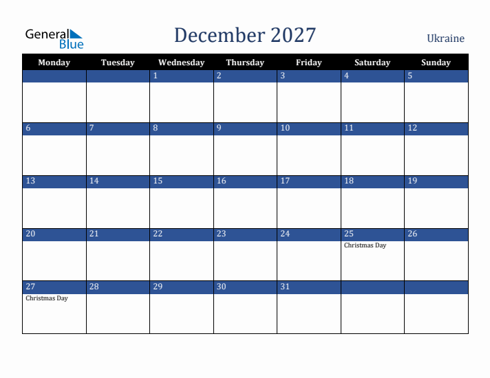 December 2027 Ukraine Calendar (Monday Start)
