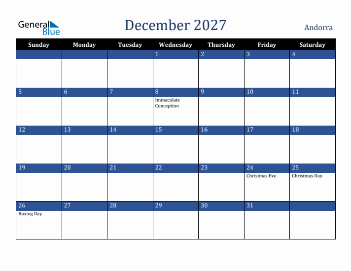 December 2027 Andorra Calendar (Sunday Start)