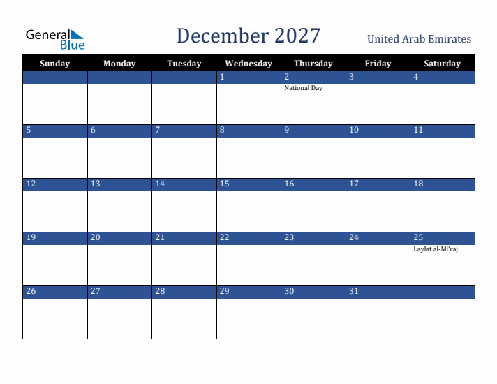 December 2027 United Arab Emirates Calendar (Sunday Start)