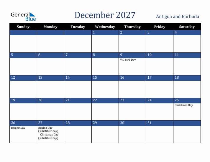 December 2027 Antigua and Barbuda Calendar (Sunday Start)