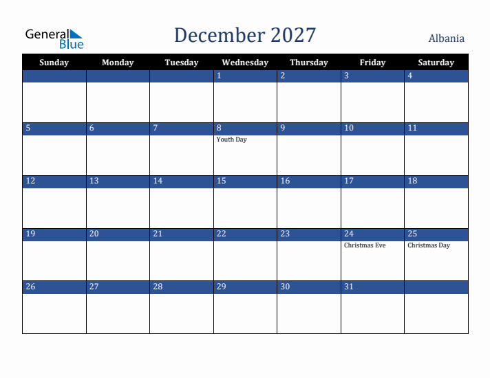 December 2027 Albania Calendar (Sunday Start)