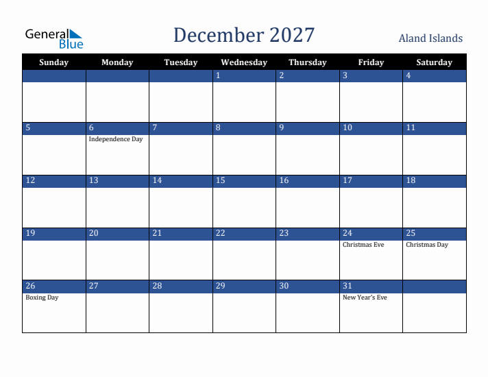December 2027 Aland Islands Calendar (Sunday Start)