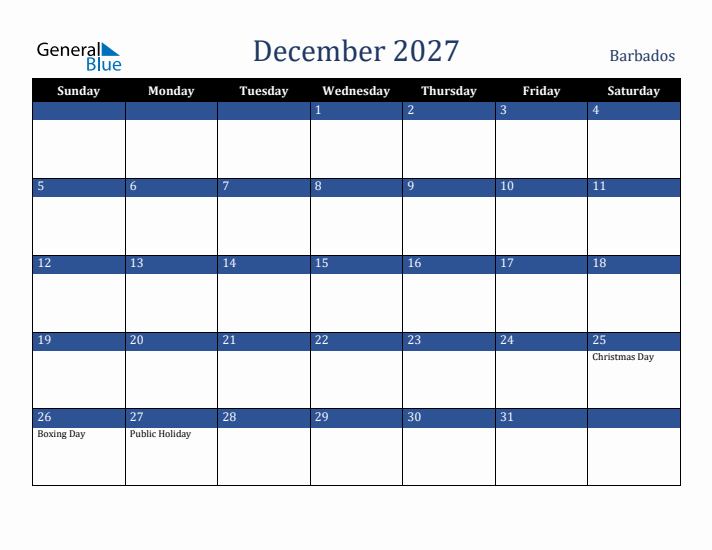 December 2027 Barbados Calendar (Sunday Start)