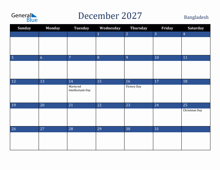 December 2027 Bangladesh Calendar (Sunday Start)
