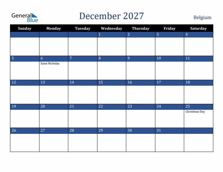 December 2027 Belgium Calendar (Sunday Start)