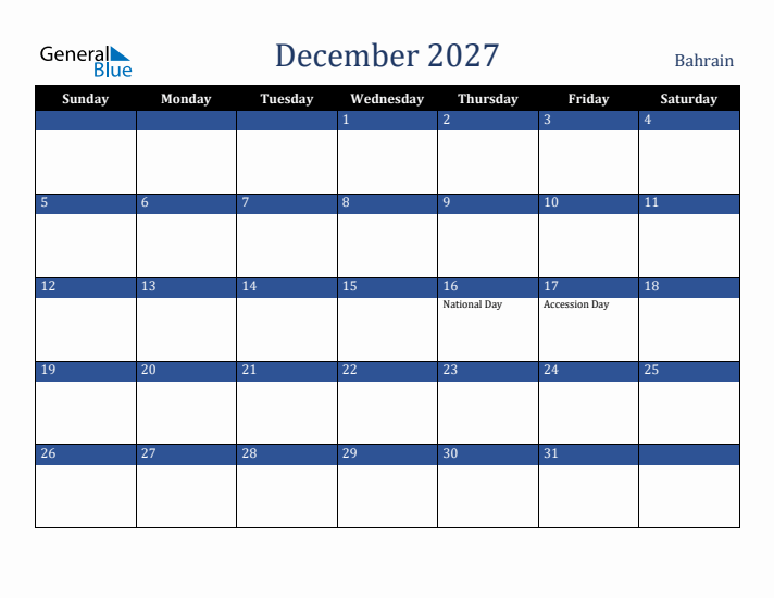December 2027 Bahrain Calendar (Sunday Start)