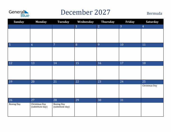 December 2027 Bermuda Calendar (Sunday Start)