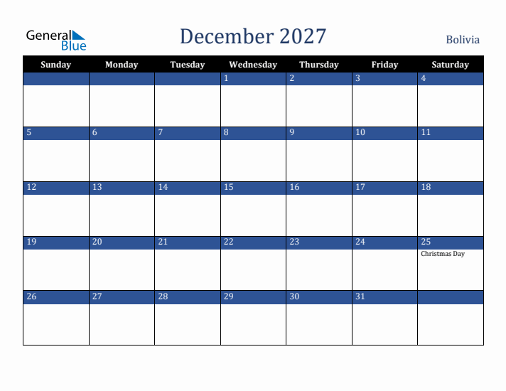 December 2027 Bolivia Calendar (Sunday Start)
