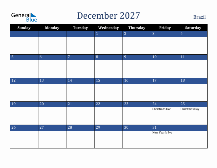 December 2027 Brazil Calendar (Sunday Start)