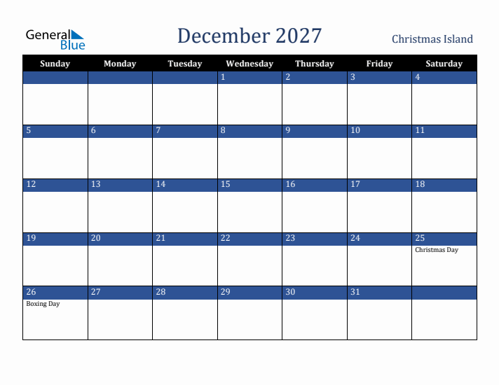 December 2027 Christmas Island Calendar (Sunday Start)
