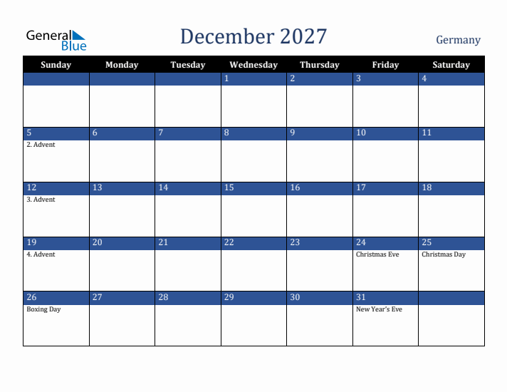 December 2027 Germany Calendar (Sunday Start)