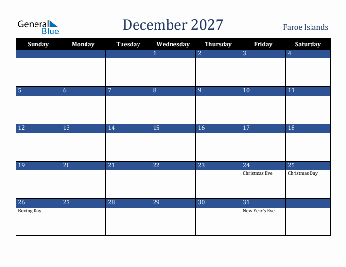 December 2027 Faroe Islands Calendar (Sunday Start)