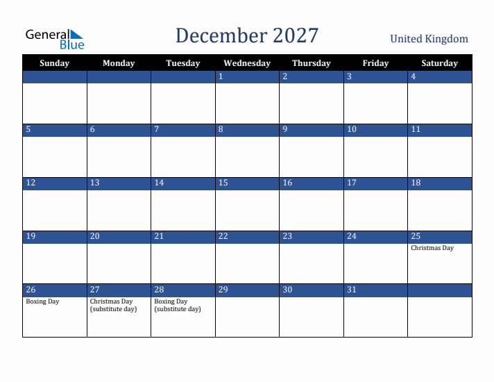 December 2027 United Kingdom Calendar (Sunday Start)