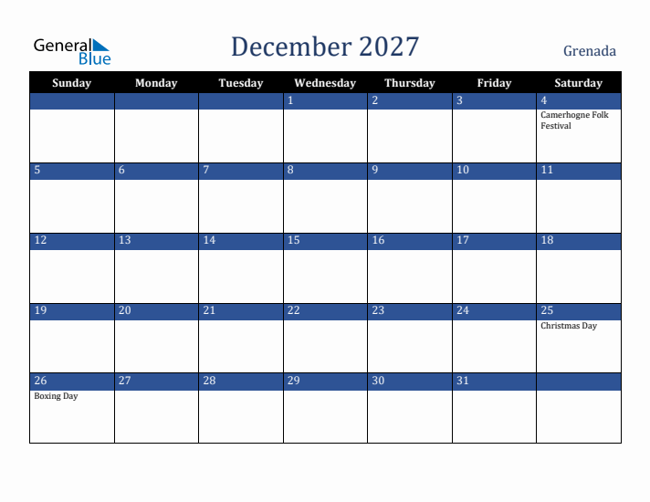 December 2027 Grenada Calendar (Sunday Start)