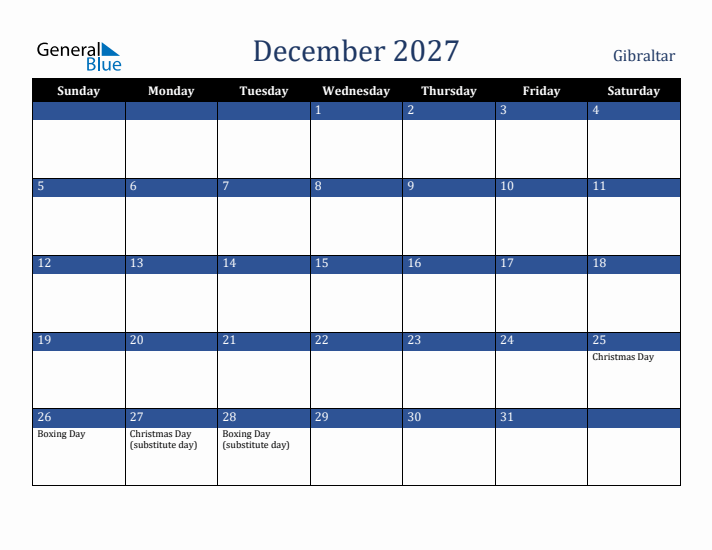 December 2027 Gibraltar Calendar (Sunday Start)
