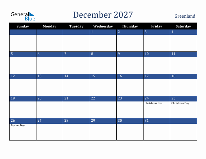 December 2027 Greenland Calendar (Sunday Start)