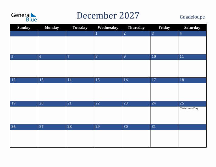 December 2027 Guadeloupe Calendar (Sunday Start)