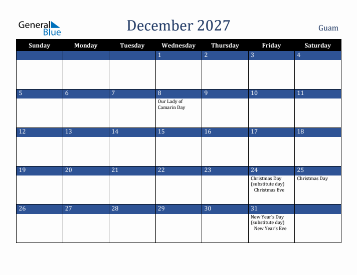 December 2027 Guam Calendar (Sunday Start)