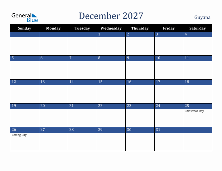 December 2027 Guyana Calendar (Sunday Start)