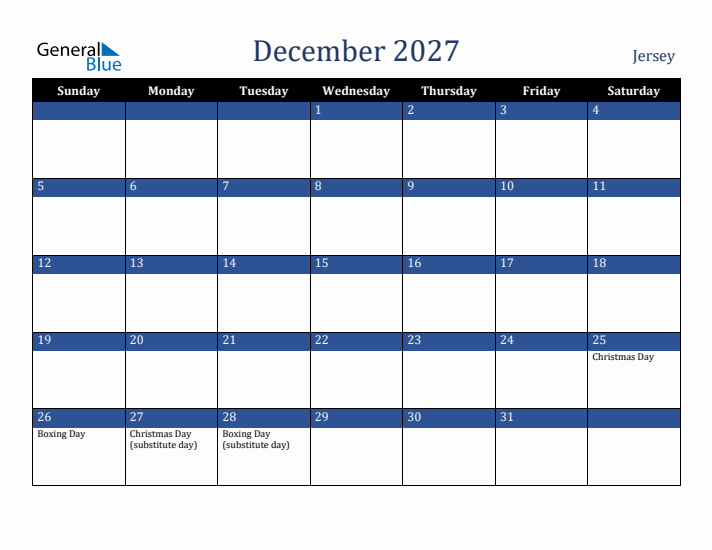 December 2027 Jersey Calendar (Sunday Start)