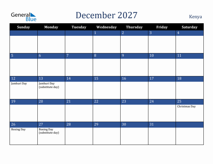 December 2027 Kenya Calendar (Sunday Start)