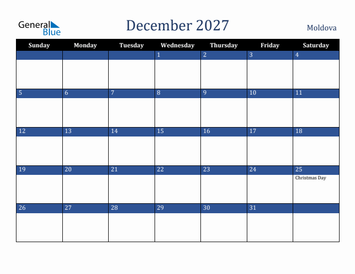 December 2027 Moldova Calendar (Sunday Start)
