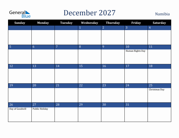 December 2027 Namibia Calendar (Sunday Start)