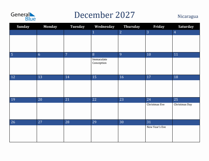 December 2027 Nicaragua Calendar (Sunday Start)