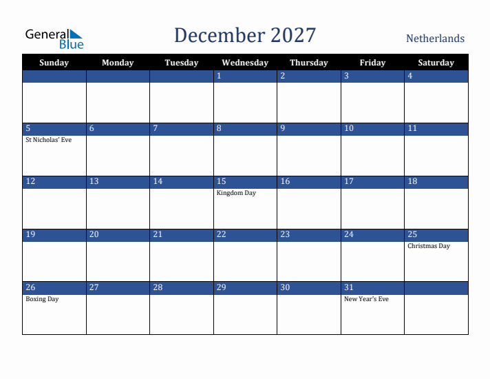 December 2027 The Netherlands Calendar (Sunday Start)