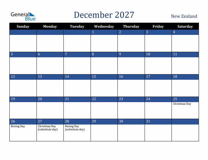 December 2027 New Zealand Calendar (Sunday Start)