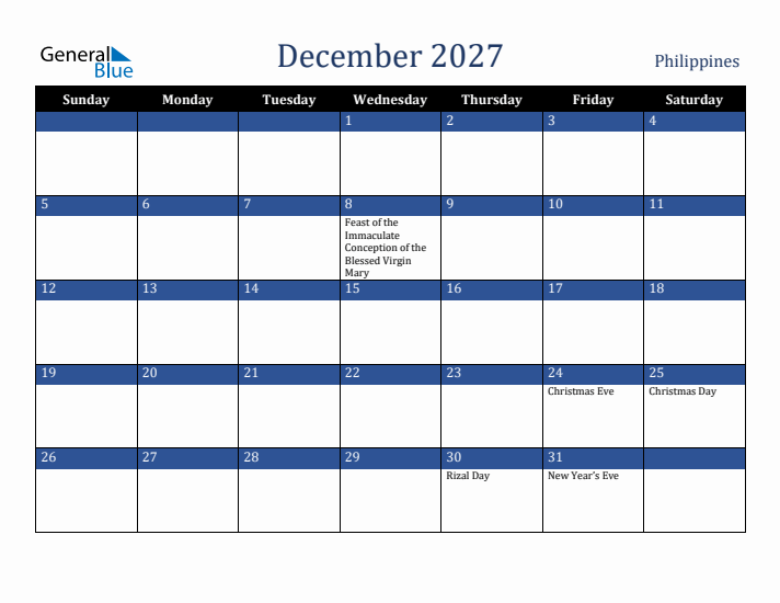 December 2027 Philippines Calendar (Sunday Start)