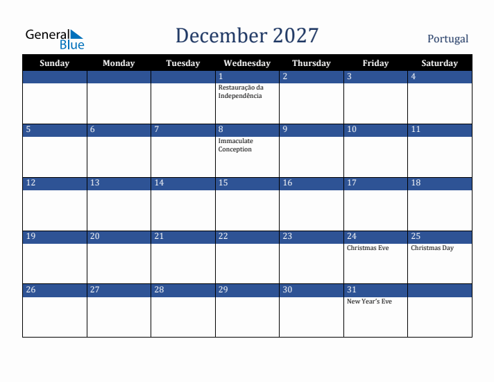 December 2027 Portugal Calendar (Sunday Start)