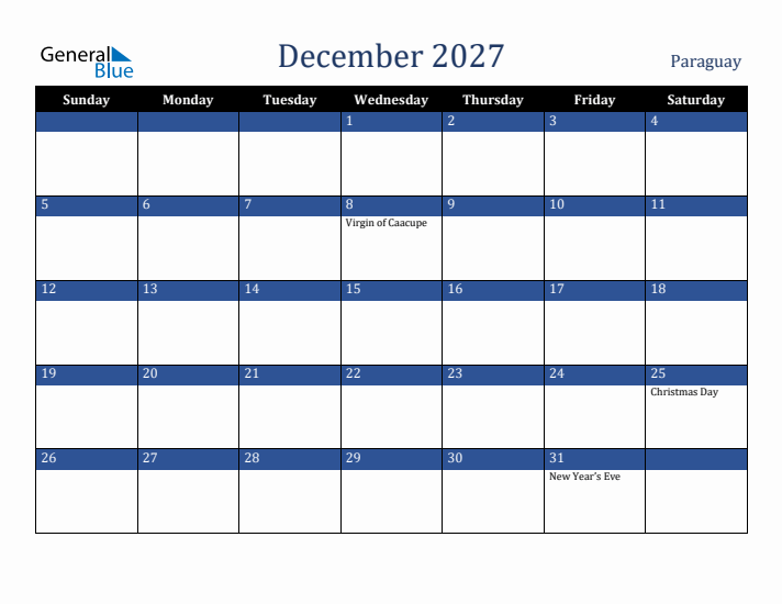 December 2027 Paraguay Calendar (Sunday Start)