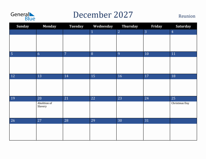 December 2027 Reunion Calendar (Sunday Start)