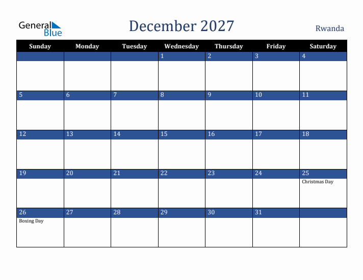 December 2027 Rwanda Calendar (Sunday Start)