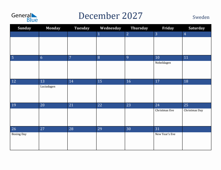 December 2027 Sweden Calendar (Sunday Start)