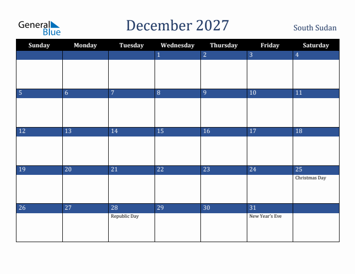 December 2027 South Sudan Calendar (Sunday Start)