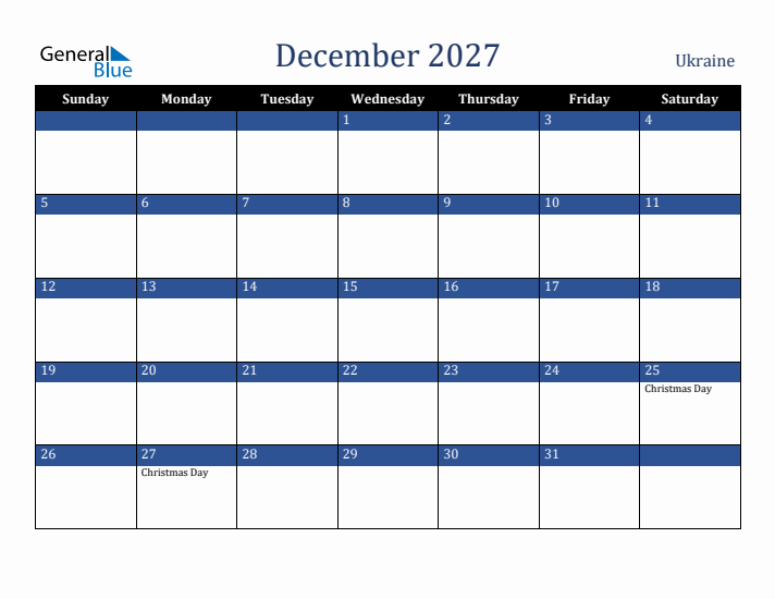 December 2027 Ukraine Calendar (Sunday Start)