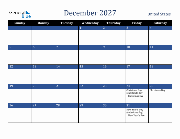 December 2027 United States Calendar (Sunday Start)